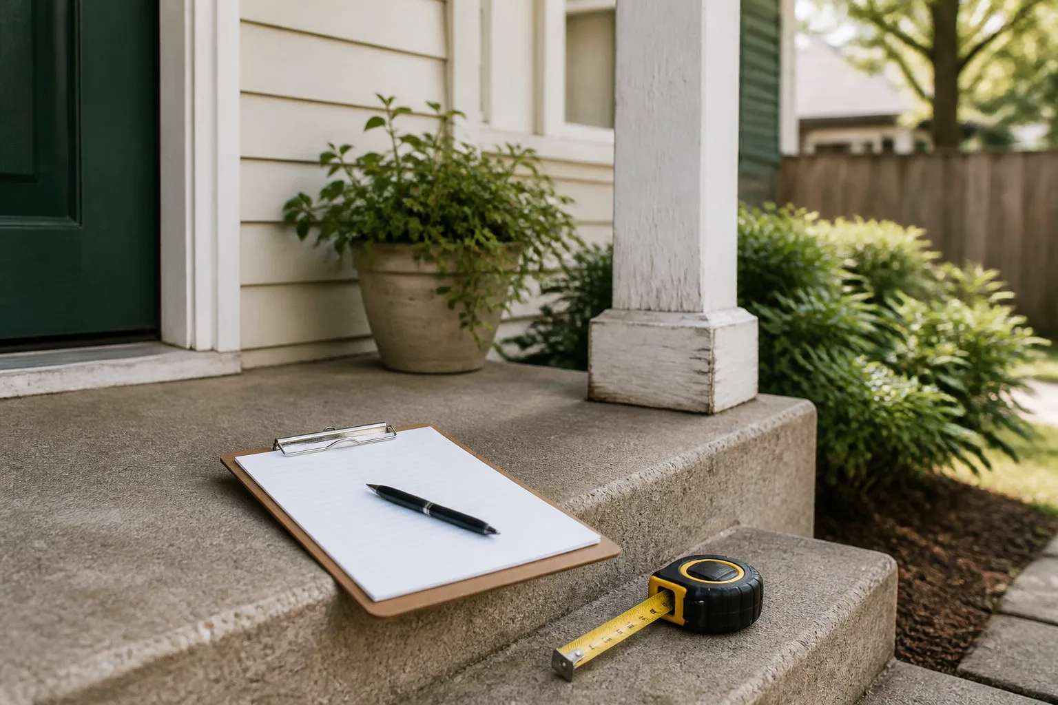 A modest home entrance with a clipboard and measuring tape
