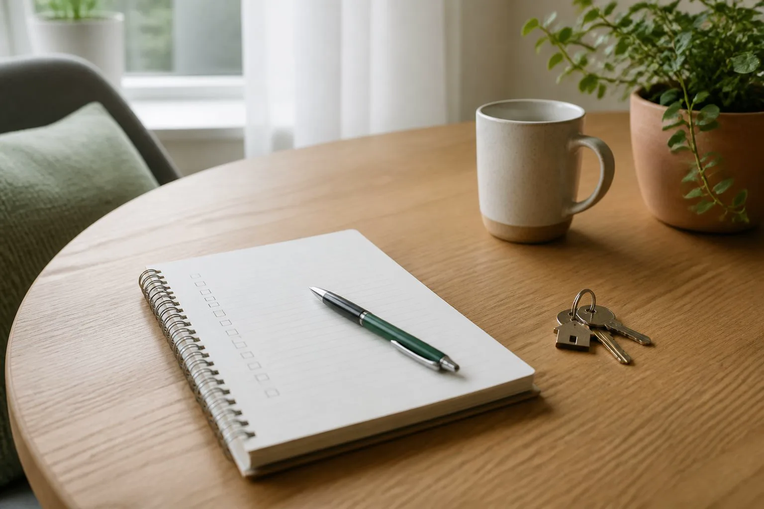 A simple housing checklist with keys and a pen on a table