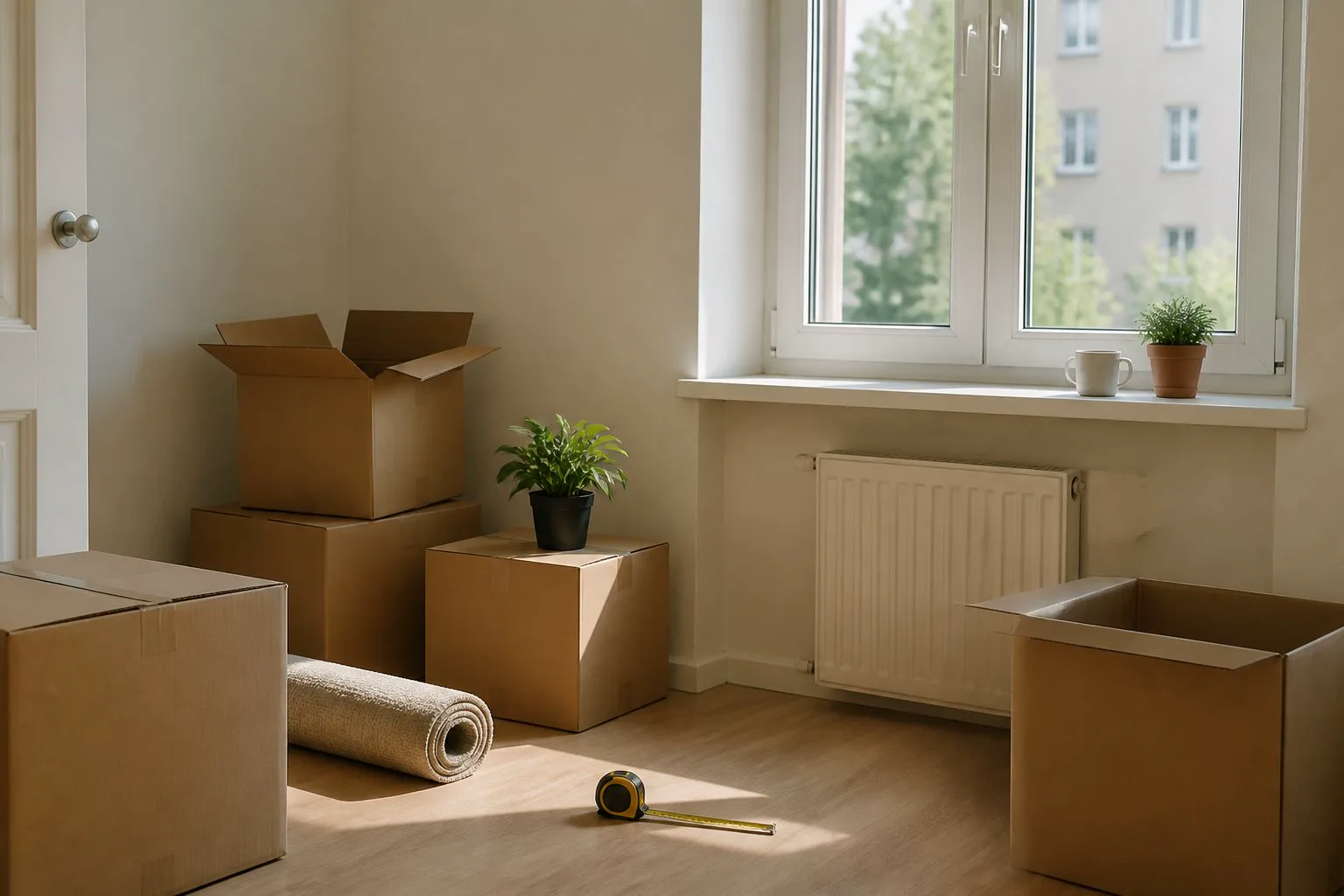 A simple room corner with moving boxes and daylight