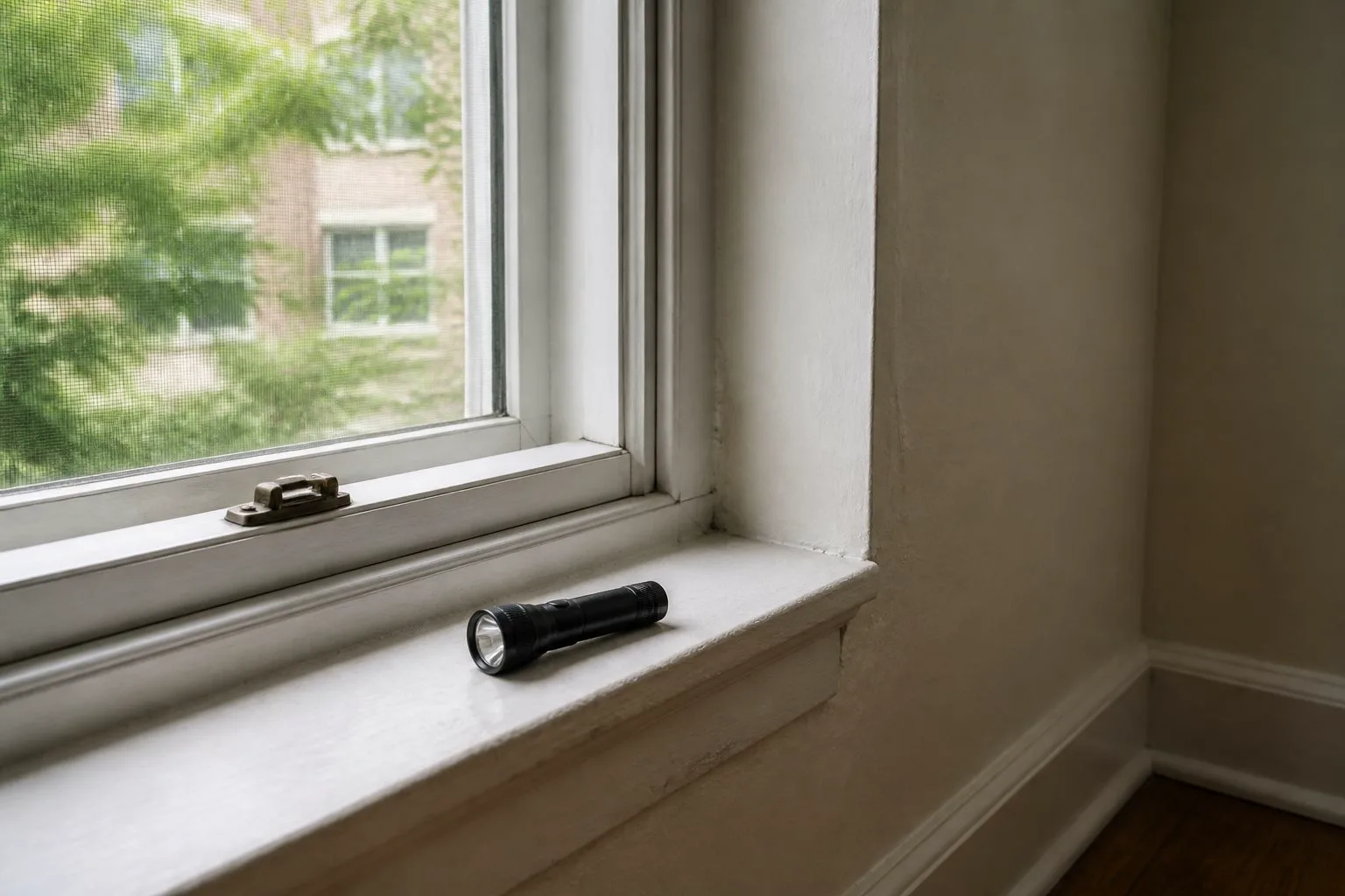 A window latch and room detail for a practical viewing check