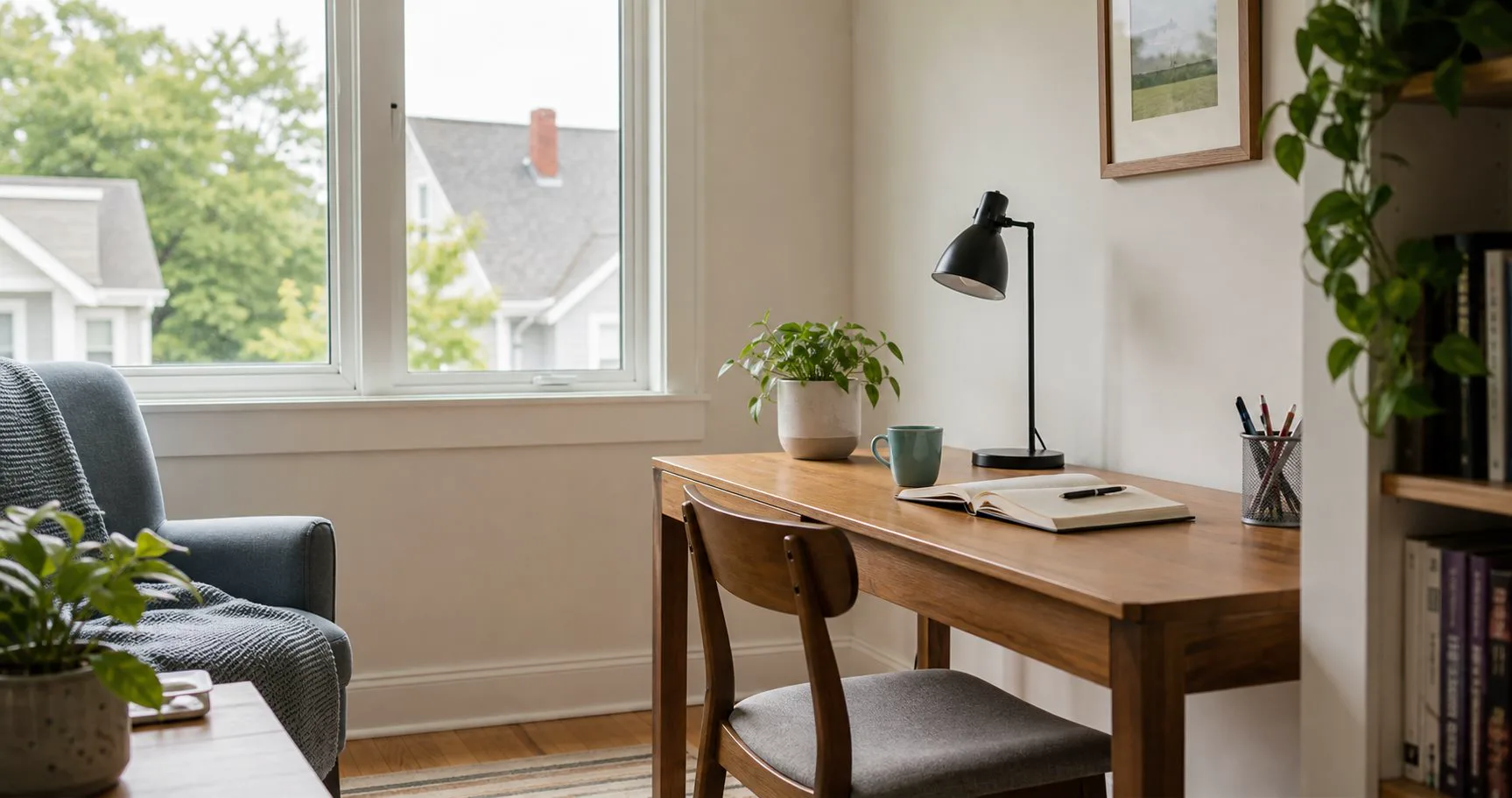 A calm home workspace with a notebook and daylight by a window